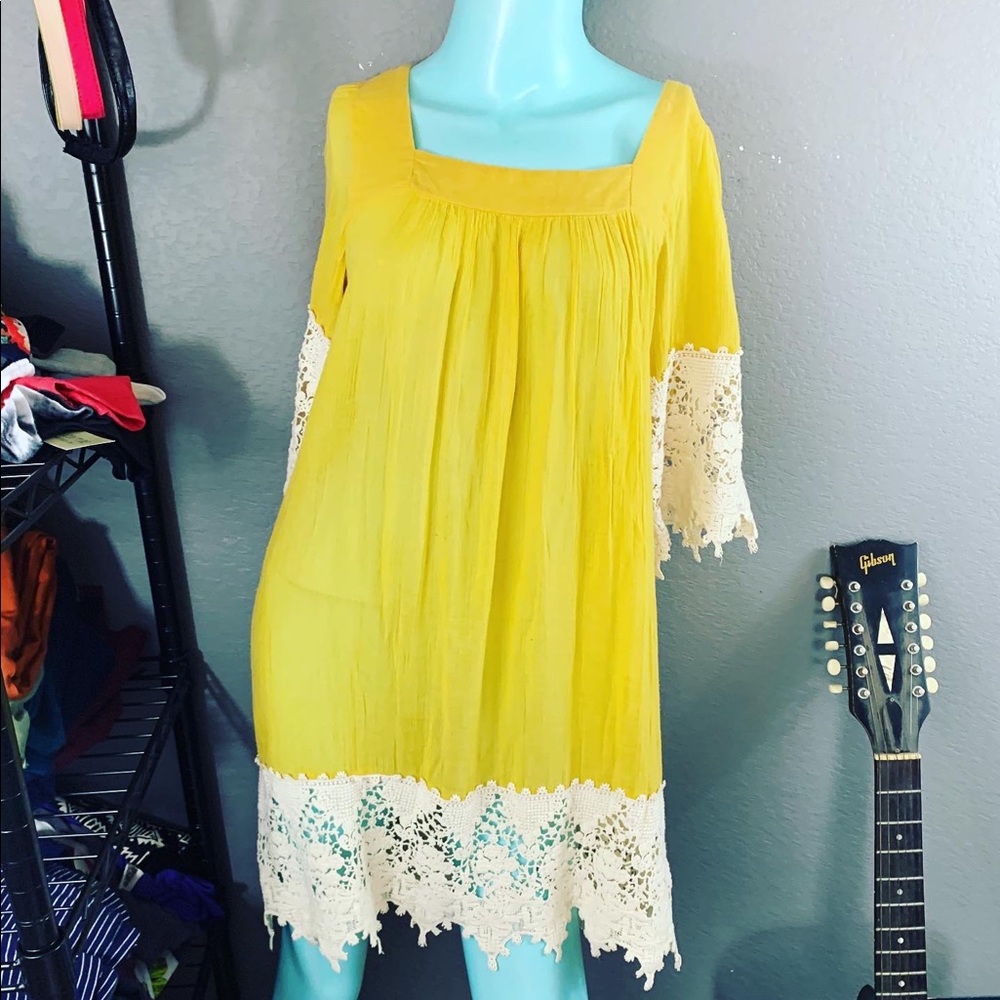 Umgee Yellow Mini Dress with Ivory Crochet Trim